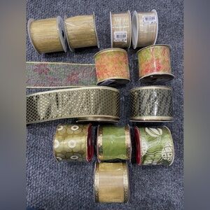 163 total feet (12 rolls) of Elegant Gold and Green Holiday Ribbon
